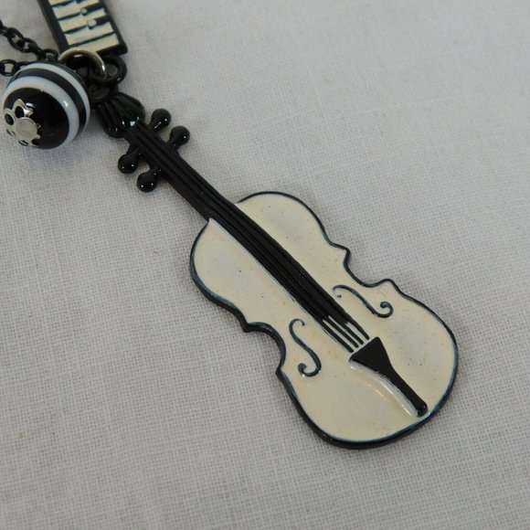 Music Themed Black & White Necklace Violin Cello Viola Keyboard Treble Clef 15" - Picture 4 of 7